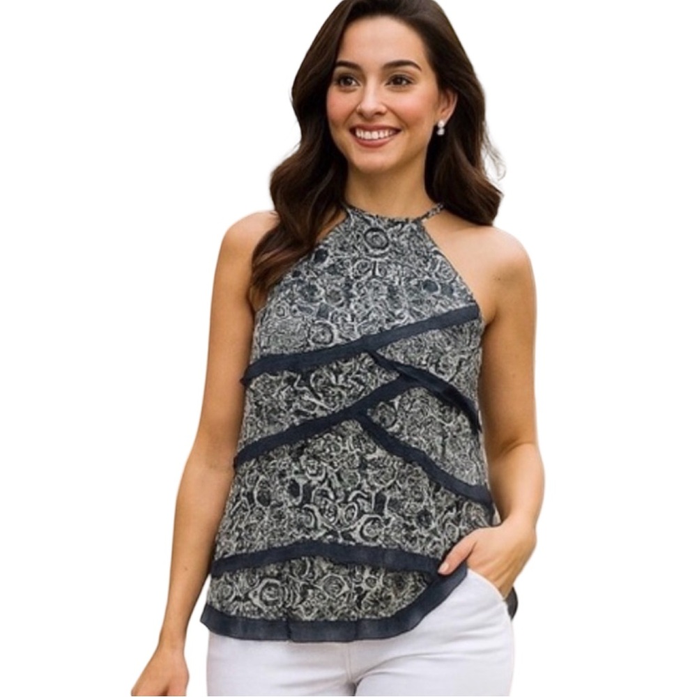 White House Black Market XS Tiered Sleeveless Blouse Navy White Boho Keyhole Top